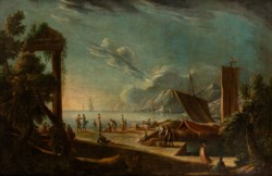 Veneto School of the 18th century - Capriccio with ruins, boats and figures