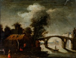 School of central Italy of the 17th century - River landscape with figures and boats
