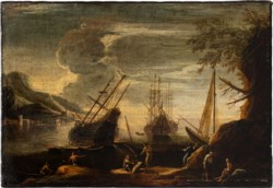 Italian school of the 17th century - Marina with ships in the harbour and figures