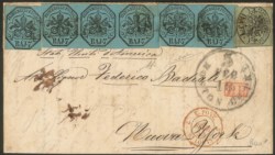 Antichi Stati Italiani - Stato pontificio - Striscia di tre più una coppia e un singolo del 7 baj azzurro (8) + 1 baj verde grigiastro (2)