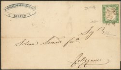 Antichi Stati Italiani - Sardegna - Splendida circolare completa affrancata con 5 cent verde pisello (13c)