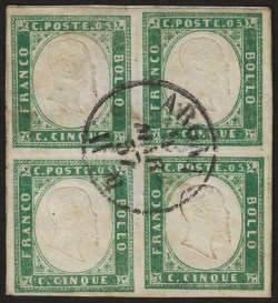 Antichi Stati Italiani - Sardegna - Quartina c.5 verde smeraldo con unico annullo centrale di ARONA 4 MAR.57