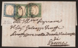 Antichi Stati Italiani - Sardegna - Lettera con coppia c.5 verde smeraldo + c.20 cobalto (13d + 15da)