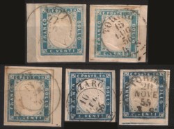 Antichi Stati Italiani - Sardegna - 1855 - Piccola selezione di cinque esemplari del 1855 in tinte differenti (15a/15ca/15f/15h x 2)
