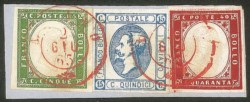 Regno - Vittorio Emanuele II - Frammento recante un 5 cent + 40 cent Sardegna (13Db + 16Da) + 15 cent Litografico (13)