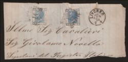 Regno - Vittorio Emanuele II - Ampio frammento di lettera con due esemplari del c.20 azzurro (26)