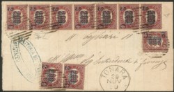 Regno - Vittorio Emanuele II - Striscia di sette + coppia + singolo del 2 cent su 2 lire lacca scuro (34)