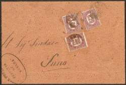 Regno - Vittorio Emanuele II - Servizio - Frammento affrancato per 3,20 lire composto da 20 cent + 1 lira + 2 lire (3 + 5 + 6)