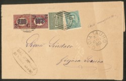 Regno - Umberto I - Mista di tre emissioni - 1 cent (T14) + due 2 cent su 2 lire Servizio (34) + 5 cent Umberto (37)