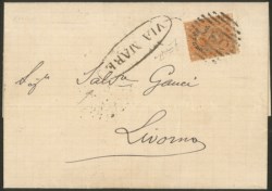 Uffici Postali all'Estero - Levante - Fresca lettera da Tunisi per Livorno affrancata con 20 cent (14)<br>Ben dentellat