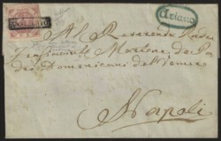 Antichi Stati Italiani - Napoli - Lettera con gr.2 rosa lillaceo (5a) con bollo in cartella ANNULLATO e a lato ovale azzurro di ARIANO