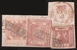 Antichi Stati Italiani - Napoli - Frammento con gr.1 rosa carminio II tavola + gr.2 rosa brunastro III tavola + gr.5 carminio rosa II tavola (4, 7, 9)