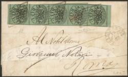 Antichi Stati Italiani - Stato pontificio - Striscia verticale di cinque del 1 baj verde grigiastro (2)