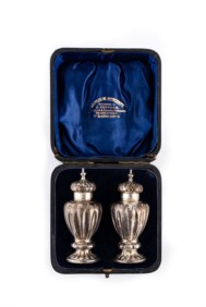 Silver salt and pepper shakers, England, early 20th century