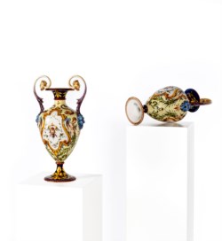 Pair of two-handled majolica vases