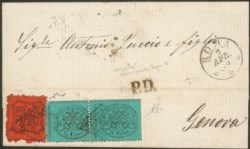 Antichi Stati Italiani - Stato pontificio - Lettera affrancata con coppia del 5 cent azzurro chiaro