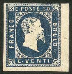Antichi Stati Italiani - Sardegna - 1851 - 20 cent azzurro scuro (2b cat.28000)