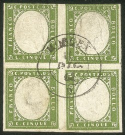 Antichi Stati Italiani - Sardegna - 1861 - quartina del 5 cent verde oliva (13Bc cat.16000)