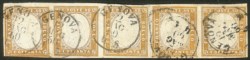 Antichi Stati Italiani - Sardegna - 1858 - Striscia orizzontale di cinque del 80 cent giallo arancio chiaro (17B cat.18000)