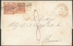 Antichi Stati Italiani - Napoli - Lettera affrancata con 2 grana carminio I tavola + 5 grana carminio scuro II tavola (5e + 9b)