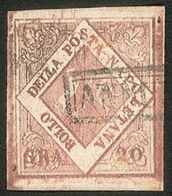 Antichi Stati Italiani - Napoli - 1858 - 20 gr. rosa brunastro 1a Tavola (12 cat. 1.350)
