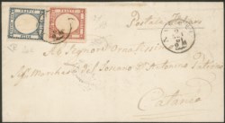 Antichi Stati Italiani - Napoli - Lettera affrancata con 5 grana rosso carminio + 2 grana indaco esemplare con due ritocchi (20e + 21 cat.1350)