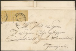 Antichi Stati Italiani - Parma - Lettera con striscia di tre 5 cent giallo (6a)