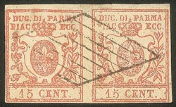 Antichi Stati Italiani - Parma - 1859 - coppia usata del 15 cent vermiglio chiaro (9a)