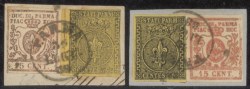 Antichi Stati Italiani - Parma - Miste di Emissioni diverse  - 1859 - Lotto di due frammenti con il 5 cent e il 15 cent (1 + 9)