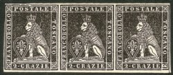 Antichi Stati Italiani - Toscana - Difetti di cliché - 1851 - Prova - Striscia di tre del 2 crazie nero su carta bianca (P9)