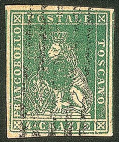 Antichi Stati Italiani - Toscana - Difetti di cliché - 1857 - Esemplare con ampi margini del 4 crazie verde (14)