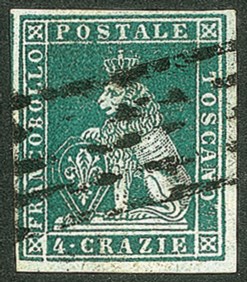 Antichi Stati Italiani - Toscana - Difetti di cliché - 1851 - Bell'esemplare del 4 crazie verde su azzurro (6a)