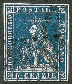 Antichi Stati Italiani - Toscana - Difetti di cliché - 1851 - Bell'esemplare del 6 crazie ardesia su grigio (7)