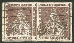 Antichi Stati Italiani - Toscana - Difetti di cliché - 1851 - Bella coppia bordo di foglio del 9 crazie bruno violaceo