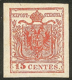 Antichi Stati Italiani - Lombardo Veneto - 1850 - 15 cent rosso (6) III tipo carta a mano