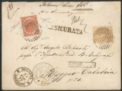 Regno - Vittorio Emanuele II - 1863 - Cent. 10 giallo chiaro + 2 lire scarlatto (T17a + T22)