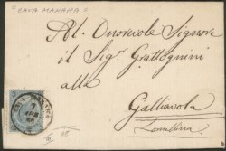 Regno - Vittorio Emanuele II - Lettera spedita da CAVA MANARA (PV) diretta a Galliavola con 20 cent. su 15, III tipo (Sass. 25)