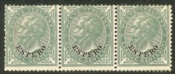 Uffici Postali all'Estero - Levante - Emissioni generali - Striscia di tre del 5 cent. verde grigio, sovrastampato ESTERO