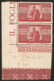 Italia - Repubblica - 1946 - Coppia angolo di foglio del 100 lire Democratica (565) I lastra su carta grigia
