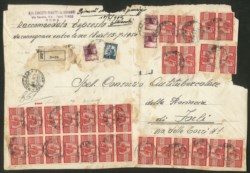 Italia - Repubblica - Grande frontespizio di raccomandata espresso con 28 esemplari del 100 lire Democratica (565) + complementari (555 + 561)