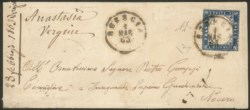 Regno - Vittorio Emanuele II - Bustina affrancata con 15 cent azzurro scuro (11b)