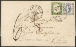 Regno - Vittorio Emanuele II - Bella letterina con affrancatura mista Sardegna/Regno composta da 5 cent verde (13Ea)