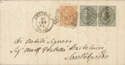 Regno - Vittorio Emanuele II - Lettera affrancata con coppia orizzontale del 5 cent V. Emanuele II (T16)
