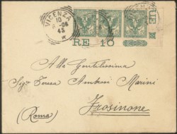 Regno - Vittorio Emanuele III - Busta affrancata con striscia orizzontale di tre del 5 cent Floreale angolo di foglio (70)