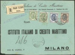 Regno - Vittorio Emanuele III - Busta raccomandata tricolore affrancata con 25 cent (due)