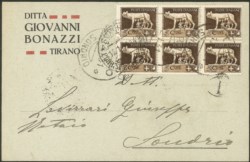 Regno - Vittorio Emanuele III - Cartolina commerciale affrancata con blocco di sei del 5 cent Imperiale (243)