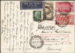 Regno - Vittorio Emanuele III - Cartolina per via aerea affrancata con 60 cent Bellini Aerea (A92)