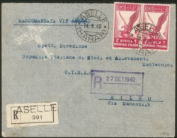 Colonie - Africa Orientale Italiana - Aerogramma raccomandato affrancato con coppia orizzontale del 2 lire Soggetti Vari (15)