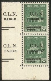 C.L.N. - Barge - 1945 - 25 cent (3 - varietà) - coppia verticale angolo di foglio (pos. 81/91)