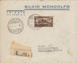 Trieste AMG FTT - Busta commerciale raccomandata affrancata con 100 lire Repubblica Romana (41)